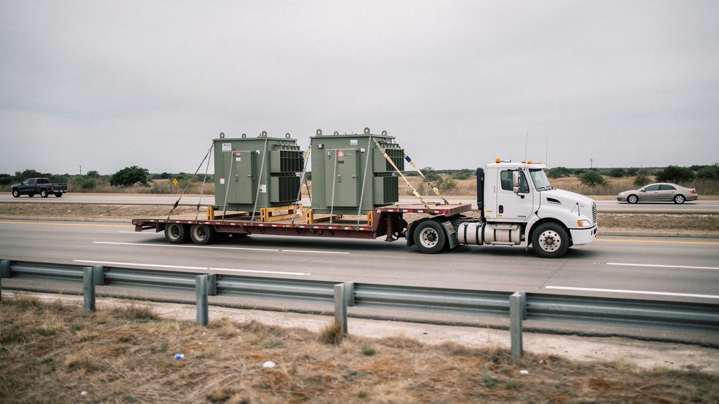 Flatbed semi-trailer carrying two distribution transformers north on a US interstate
