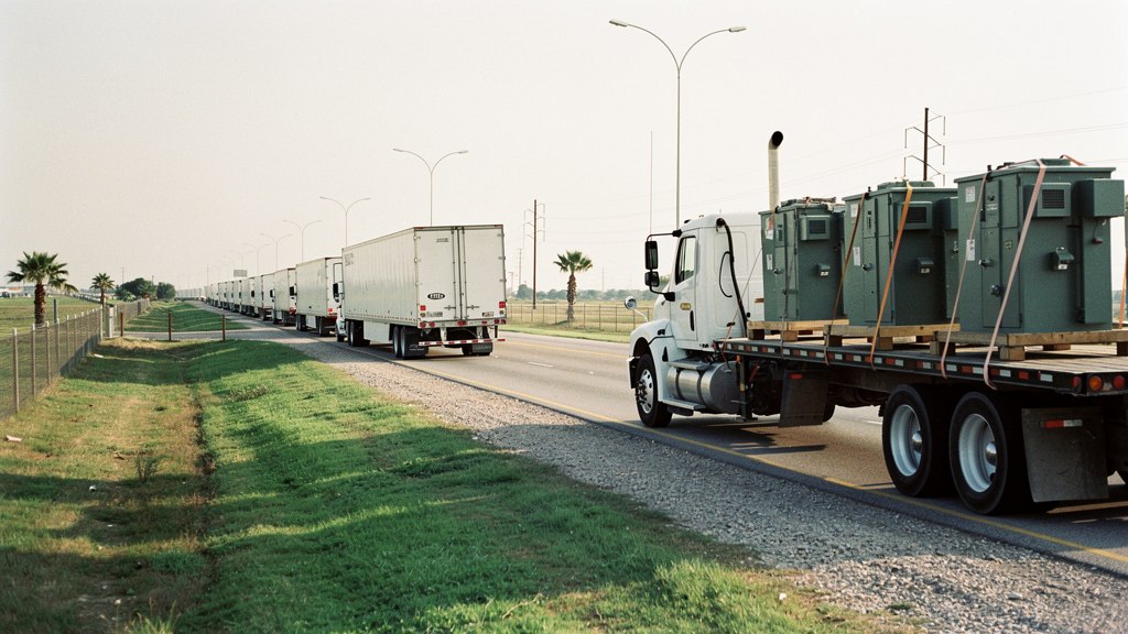 Flatbed carrying distribution transformers in the truck queue on the approach road to the Laredo crossing