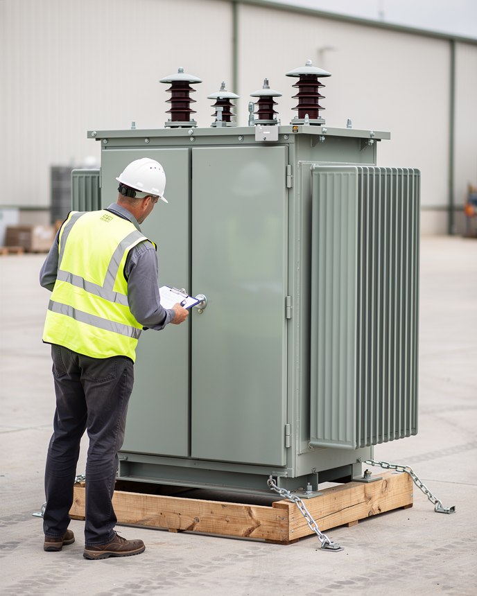 Engineer with clipboard inspecting a pedestal-type distribution transformer on a timber skid