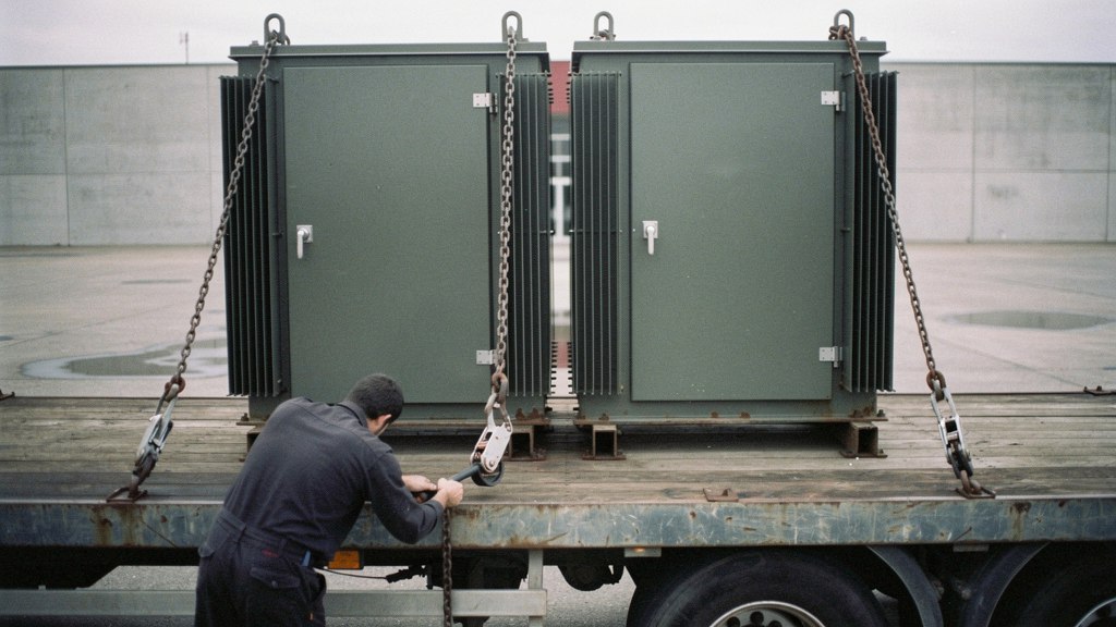 Driver tensioning transport chains on two transformer cabinets on a flatbed trailer