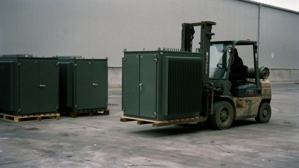 Forklift carrying a transformer cabinet on its skid across a factory yard